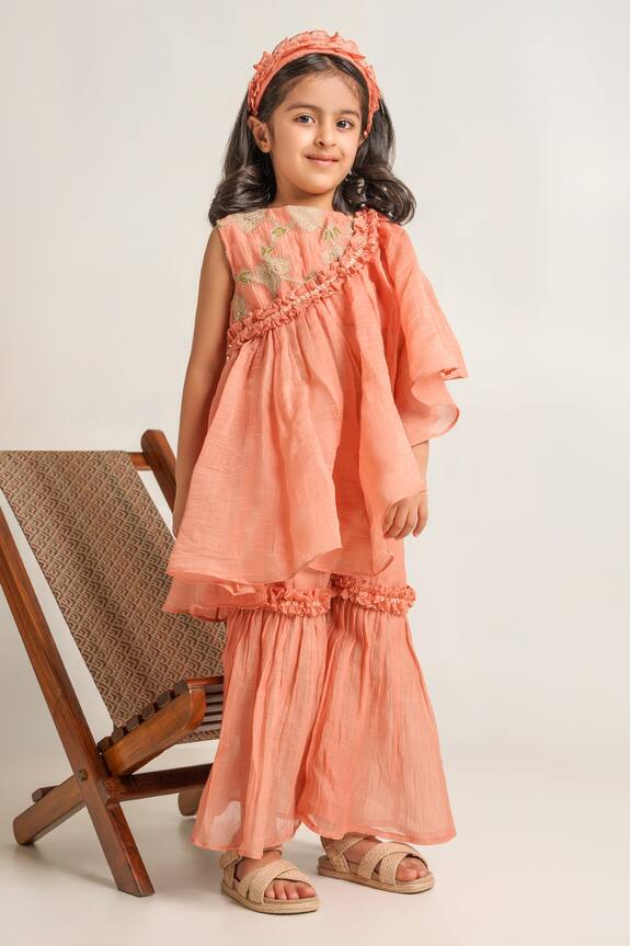 The Right Cut Peach Embroidered Kurta And Gharara Set For Girls 1