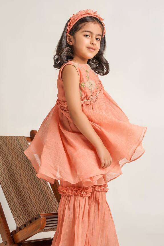 The Right Cut Peach Embroidered Kurta And Gharara Set For Girls 4