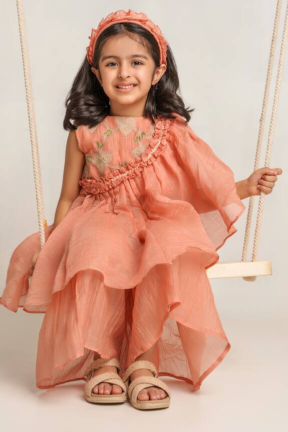 The Right Cut Peach Embroidered Kurta And Gharara Set For Girls 5