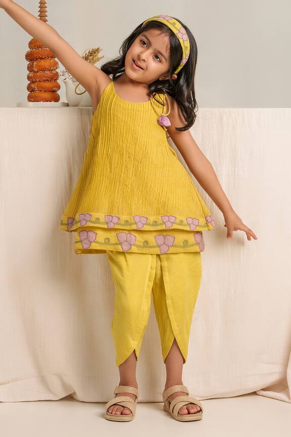 The Right Cut Yellow Pleated Kurta And Pant Set For Girls 4