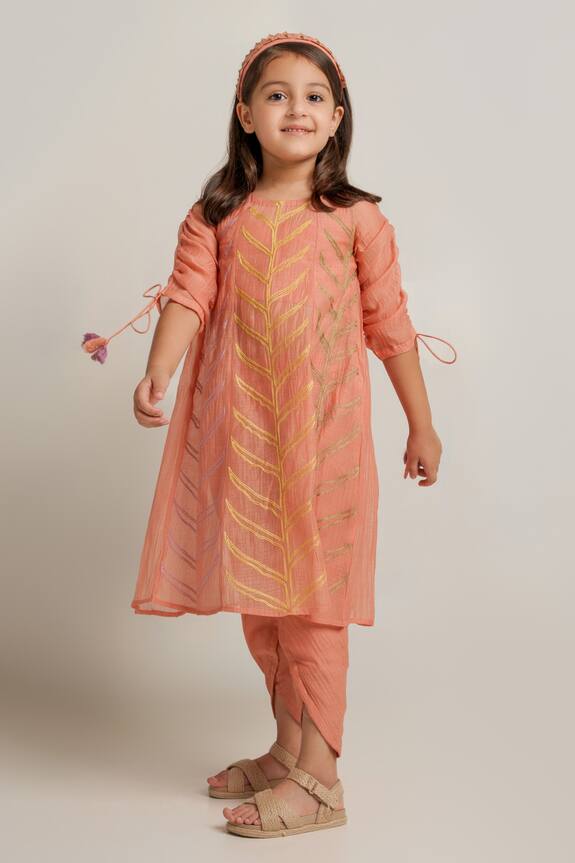 Buy_The Right Cut_Peach Embroidered Kurta And Pant Set For Girls_at_Aza_Fashions