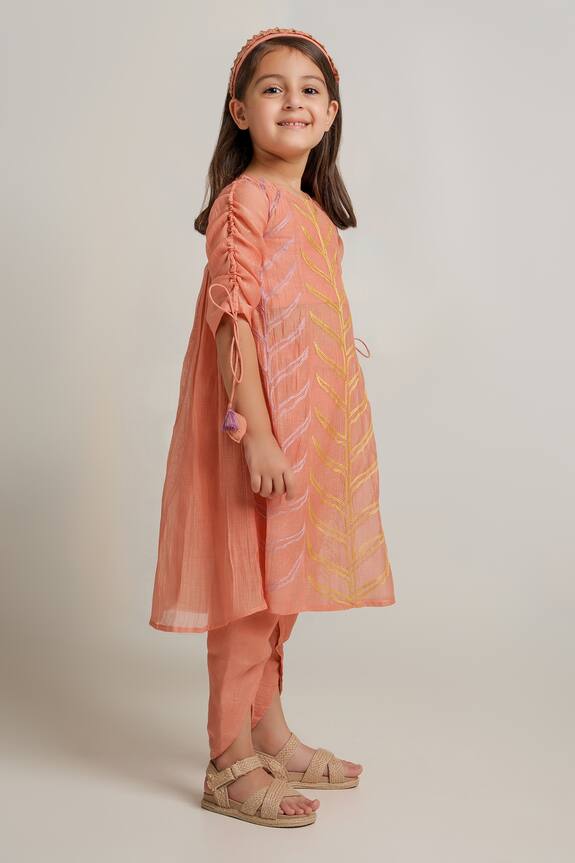 The Right Cut_Peach Embroidered Kurta And Pant Set For Girls_Online_at_Aza_Fashions