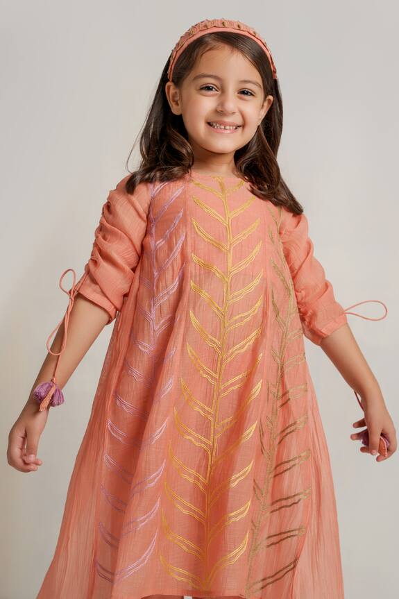 Buy_The Right Cut_Peach Embroidered Kurta And Pant Set For Girls_Online_at_Aza_Fashions