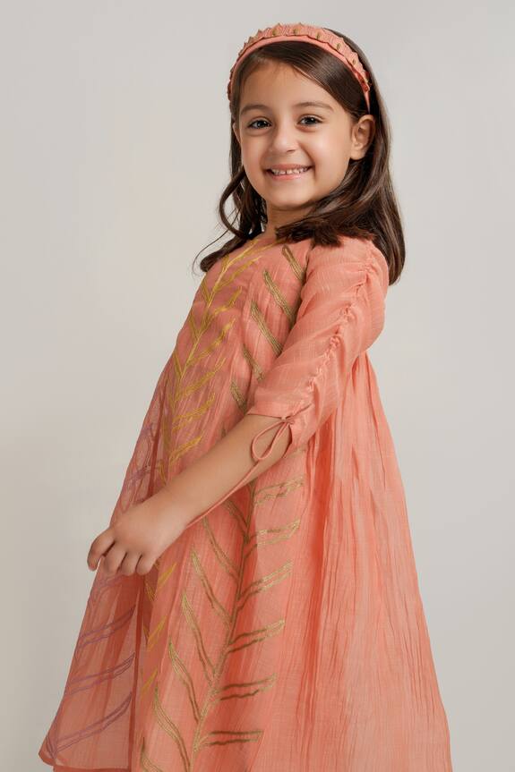 Shop_The Right Cut_Peach Embroidered Kurta And Pant Set For Girls_Online_at_Aza_Fashions