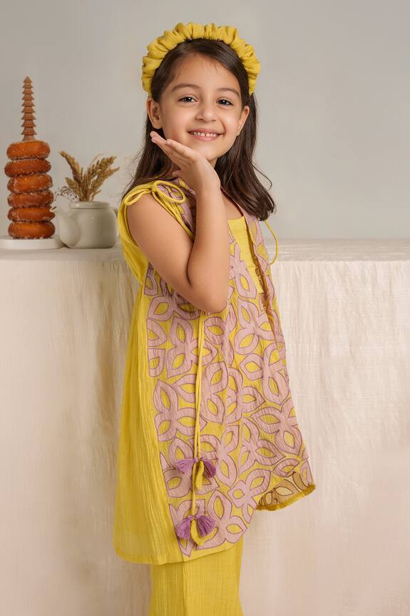 The Right Cut Yellow Embroidered Jacket And Pant Set For Girls 4
