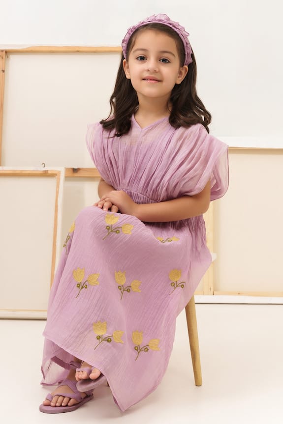 Buy_The Right Cut_Purple Floral Embroidered Dress For Girls_Online_at_Aza_Fashions