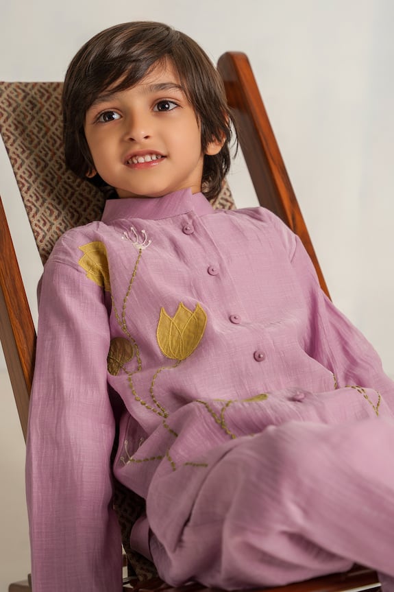 The Right Cut Purple Floral Embroidered Kurta Set For Boys 5