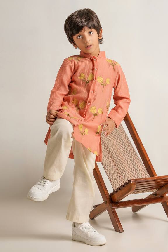 The Right Cut Peach Floral Embroidered Kurta Set For Boys 1