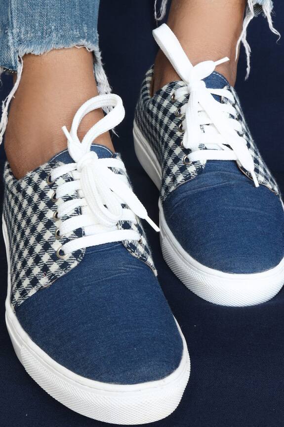 La Fiza Blue Fabric Azure Tartan Sneakers 0