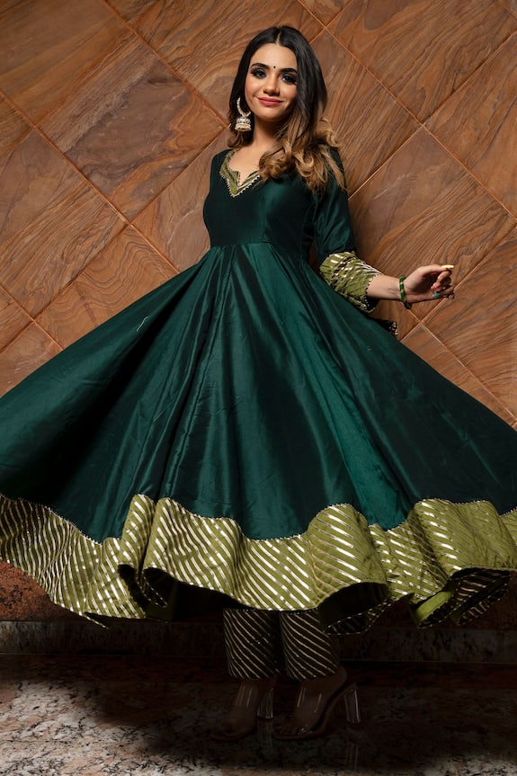 Buy Pomcha Jaipur Green Cotton Silk Anarkali Set Online Aza Fashions