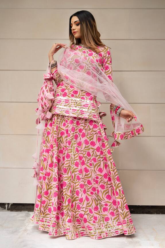 Pomcha Jaipur Pink Soft Net Hand Block Print Skirt Kurta Set 0