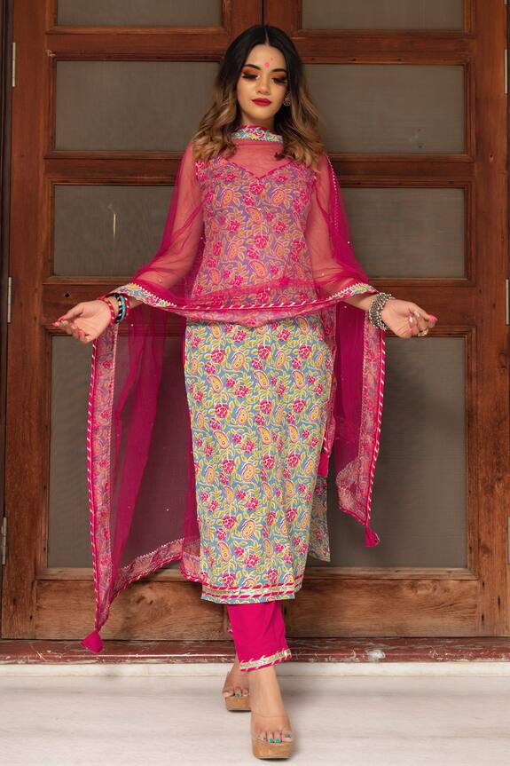 Buy Pomcha Jaipur Pink Cotton Hand Block Print Kurta Pant Set Online ...