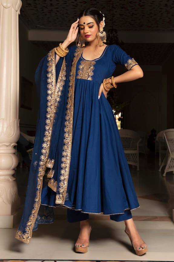 Pomcha Jaipur Blue Cotton Embroidered Anarkali Set 0