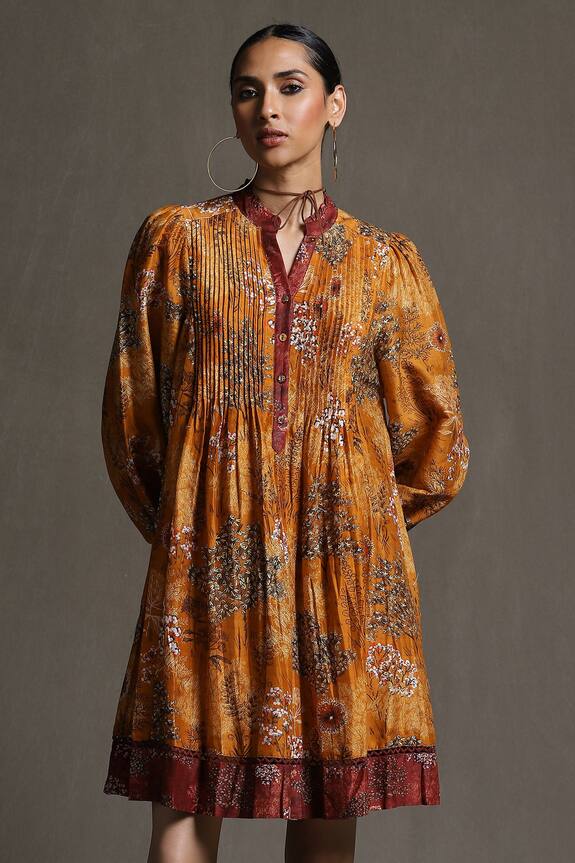 Buy Ritu Kumar Yellow Sushi Voile Floral Print Dress Online | Aza Fashions