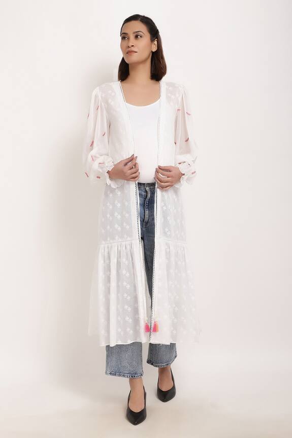 Ranng by Vandna White Cotton Embroidered Shrug 1