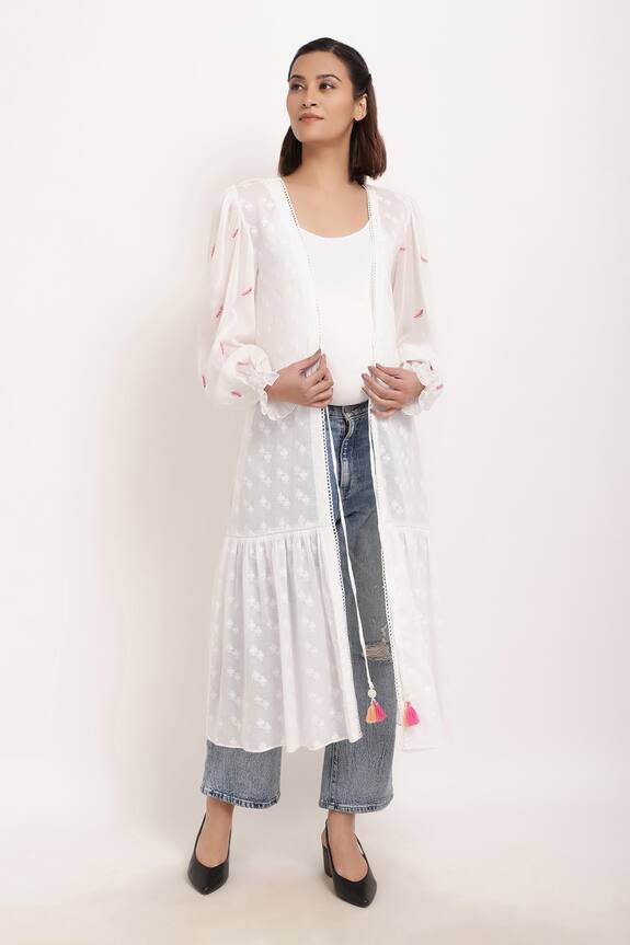 Ranng by Vandna White Cotton Embroidered Shrug 4