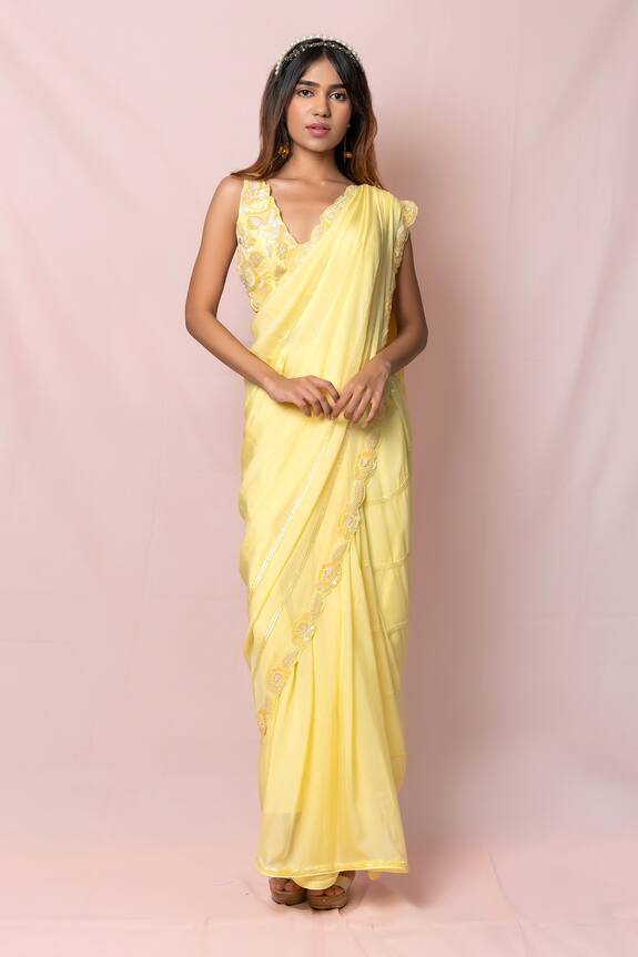 Pinup By Astha Yellow Flat Chiffon Embroidered Saree With Blouse 0