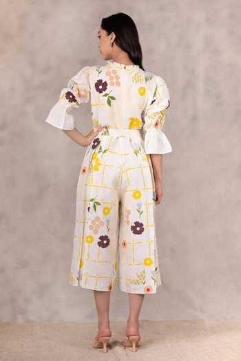 Buy Arcvsh by Pallavi Singh Peach Linen Floral Print Jumpsuit Online