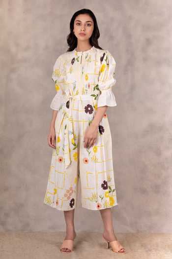 Buy Arcvsh by Pallavi Singh Peach Linen Floral Print Jumpsuit Online