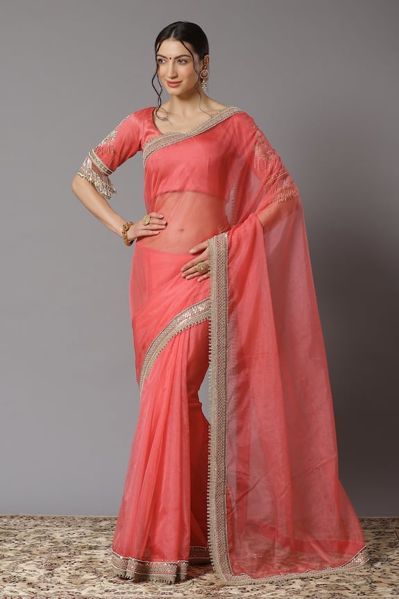 Shikhar Sharma Pink Raw Silk Embroidered Border Saree With Blouse 1