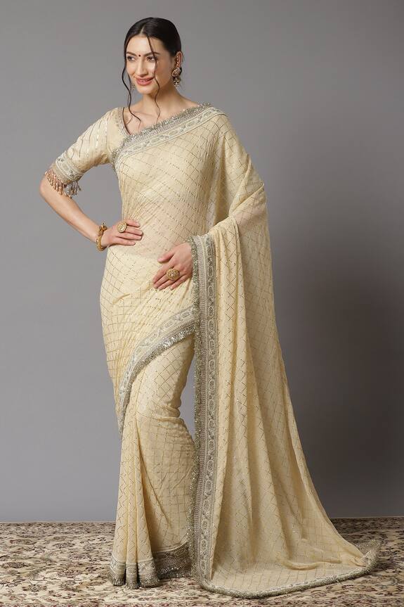 Buy_Shikhar Sharma_Cream Georgette Checkered Pattern Saree With Blouse_at_Aza_Fashions