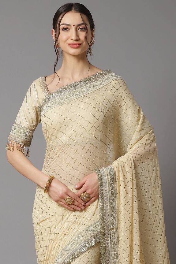 Shikhar Sharma_Cream Georgette Checkered Pattern Saree With Blouse_Online_at_Aza_Fashions