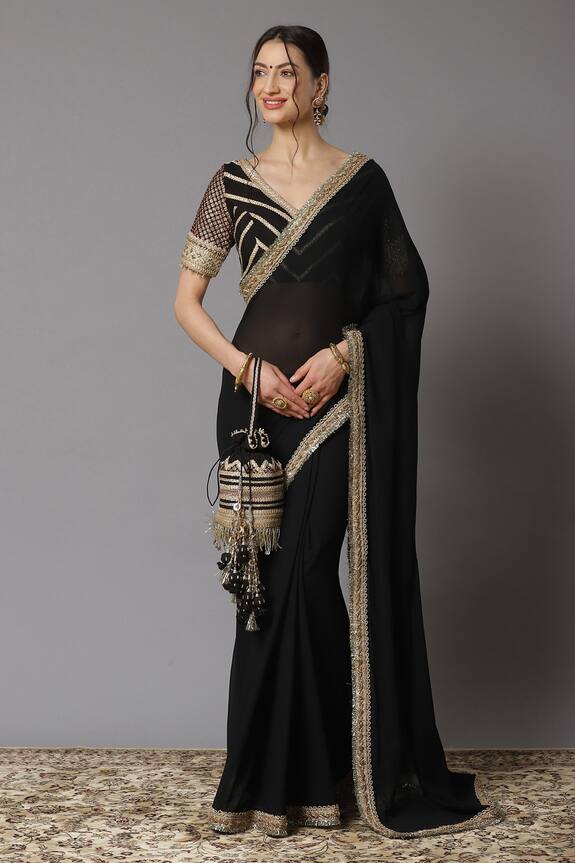 Shikhar Sharma Black Georgette Embroidered Border Saree With Blouse 1