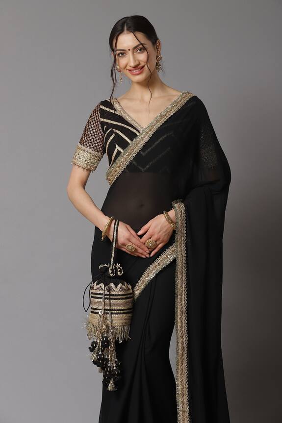 Shikhar Sharma Black Georgette Embroidered Border Saree With Blouse 3
