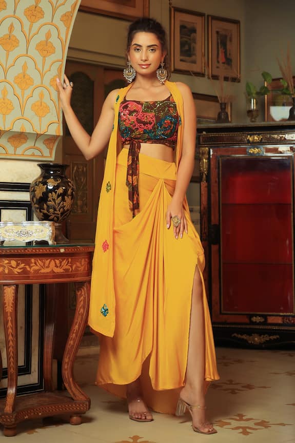 Pallavi Jaipur Yellow Swiss Cotton Summer Silk Cape And Draped Skirt Set 1