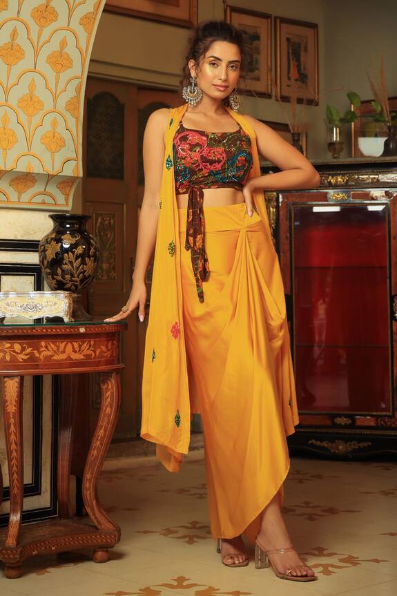 Pallavi Jaipur Yellow Swiss Cotton Summer Silk Cape And Draped Skirt Set 2