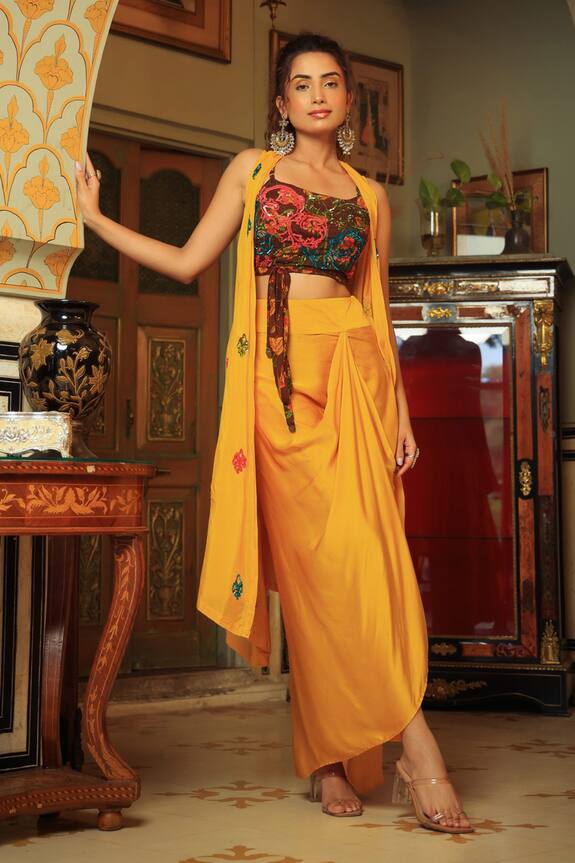 Pallavi Jaipur Yellow Swiss Cotton Summer Silk Cape And Draped Skirt Set 5