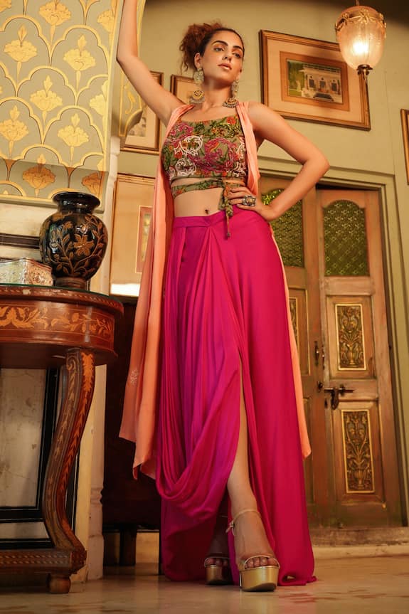 Pallavi Jaipur Peach Swiss Cotton Summer Silk Cape And Draped Skirt Set 2
