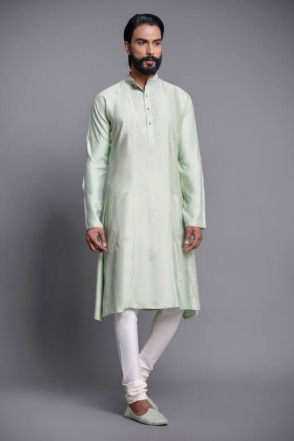 Raghavendra Rathore Jodhpur Green Silk Paisley Embroidered Waistcoat Kurta Set 2