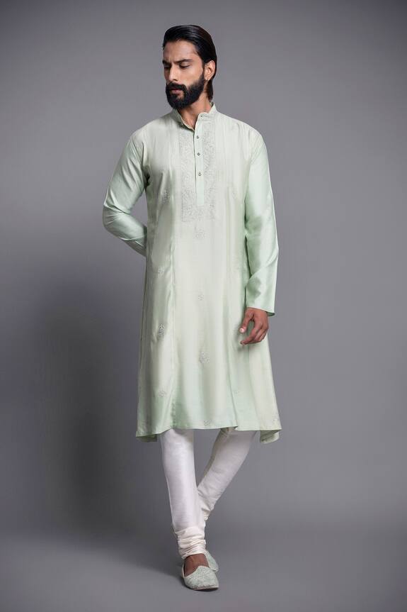 Raghavendra Rathore Jodhpur Green Silk Paisley Embroidered Waistcoat Kurta Set 3