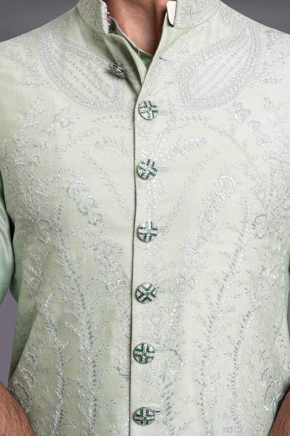 Raghavendra Rathore Jodhpur Green Silk Paisley Embroidered Waistcoat Kurta Set 4