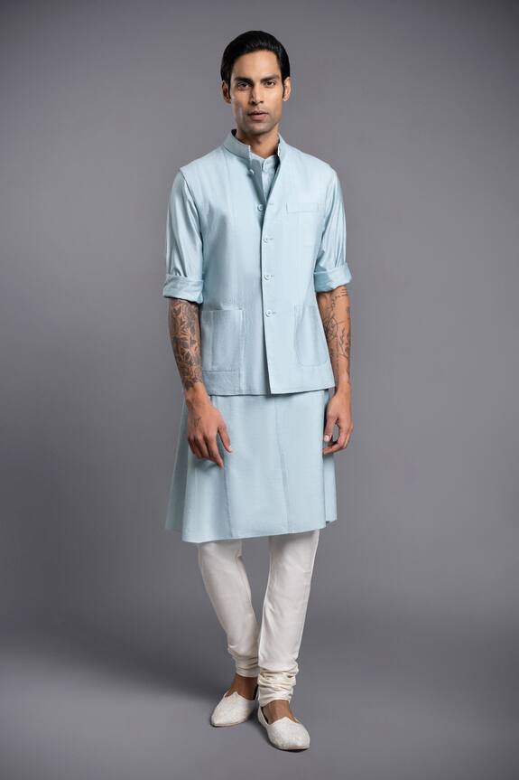 Buy_Raghavendra Rathore Jodhpur_Blue Stitch Line Embroidered Silk Waistcoat_at_Aza_Fashions