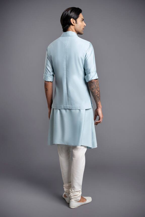Shop_Raghavendra Rathore Jodhpur_Blue Stitch Line Embroidered Silk Waistcoat_at_Aza_Fashions