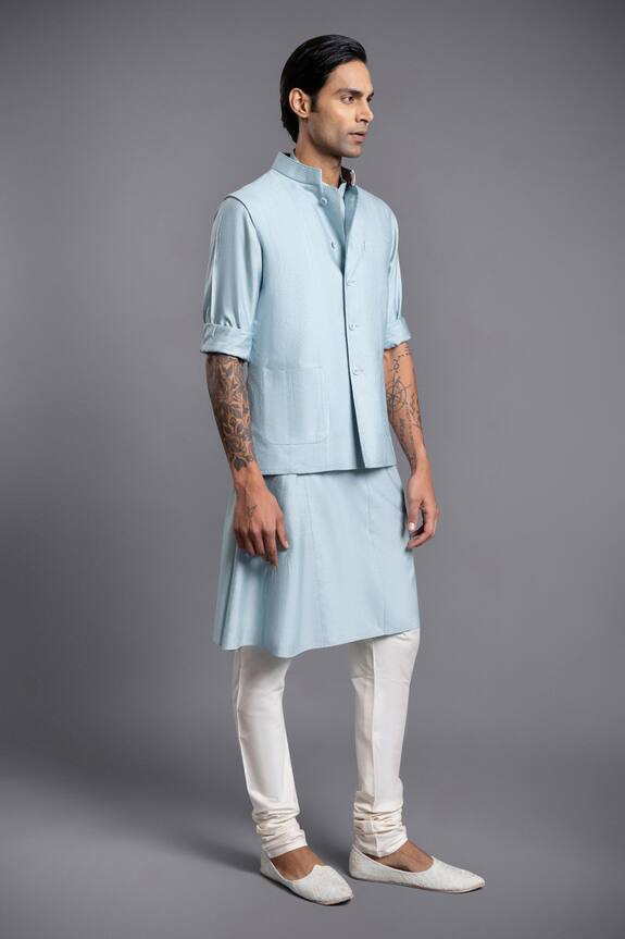 Buy_Raghavendra Rathore Jodhpur_Blue Stitch Line Embroidered Silk Waistcoat_Online_at_Aza_Fashions