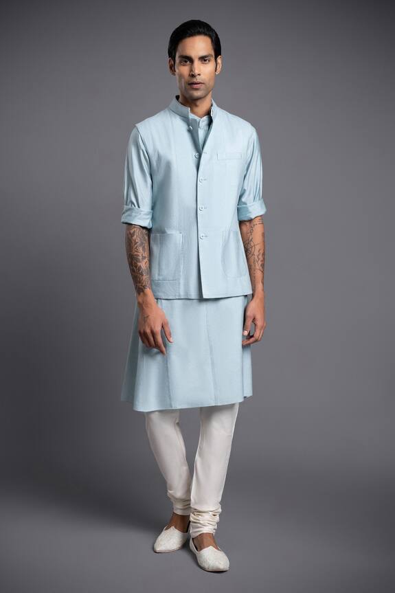 Raghavendra Rathore Jodhpur Blue Silk Stitch Line Embroidered Waistcoat Kurta Set 1