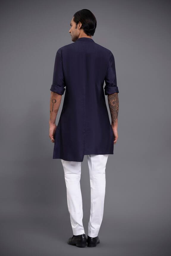 Shop_Raghavendra Rathore Jodhpur_Blue Silk Asymmetric Embroidered Kurta_at_Aza_Fashions