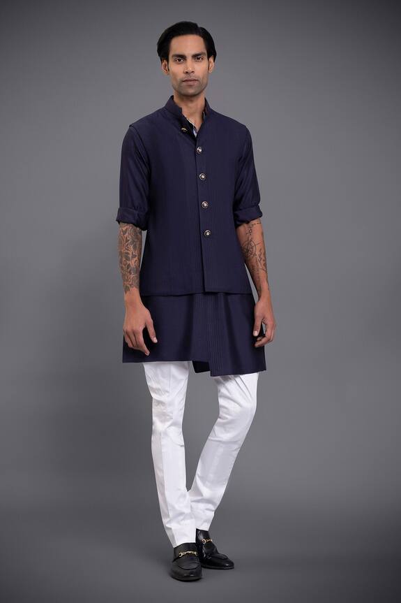 Raghavendra Rathore Jodhpur Blue Silk Pintuck Waistcoat 1