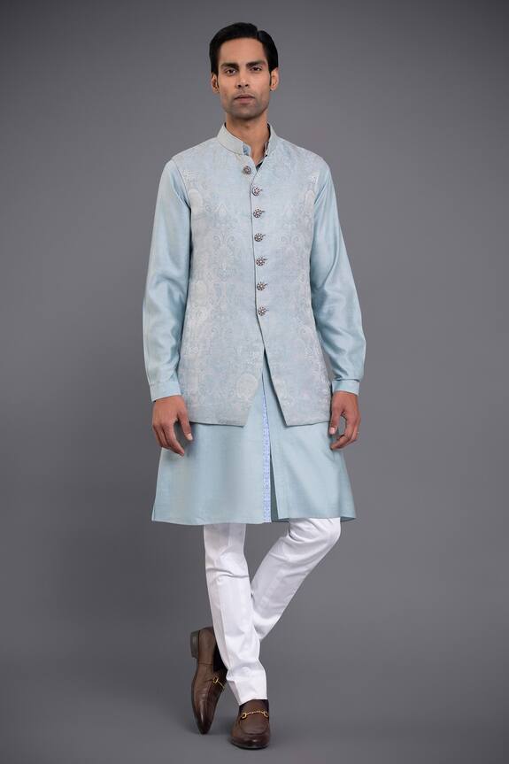 Buy_Raghavendra Rathore Jodhpur_Blue Linen Silk Long Waistcoat_at_Aza_Fashions
