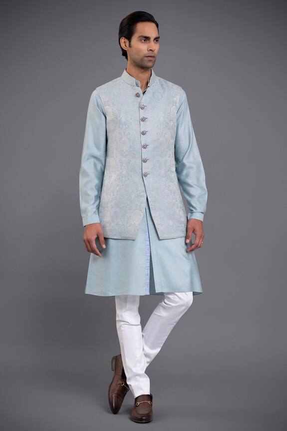 Raghavendra Rathore Jodhpur_Blue Linen Silk Long Waistcoat_Online_at_Aza_Fashions