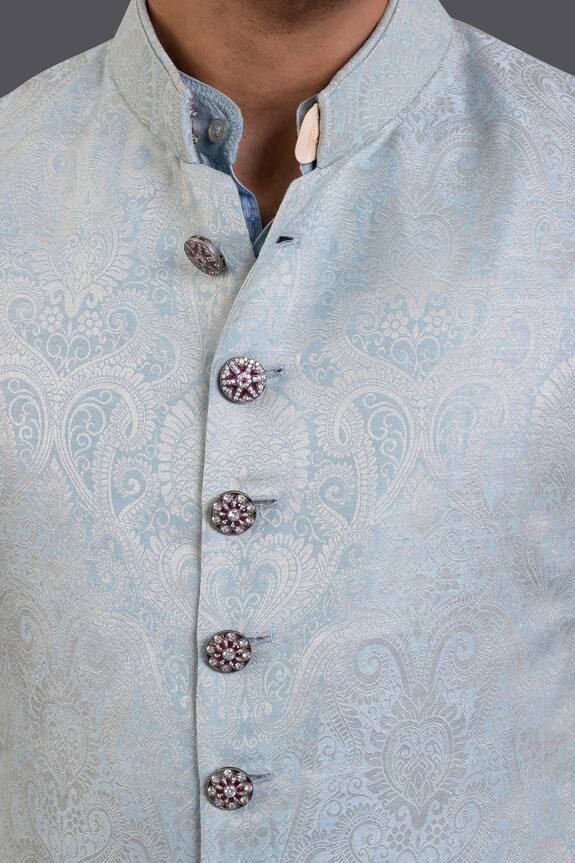 Buy_Raghavendra Rathore Jodhpur_Blue Linen Silk Long Waistcoat_Online_at_Aza_Fashions