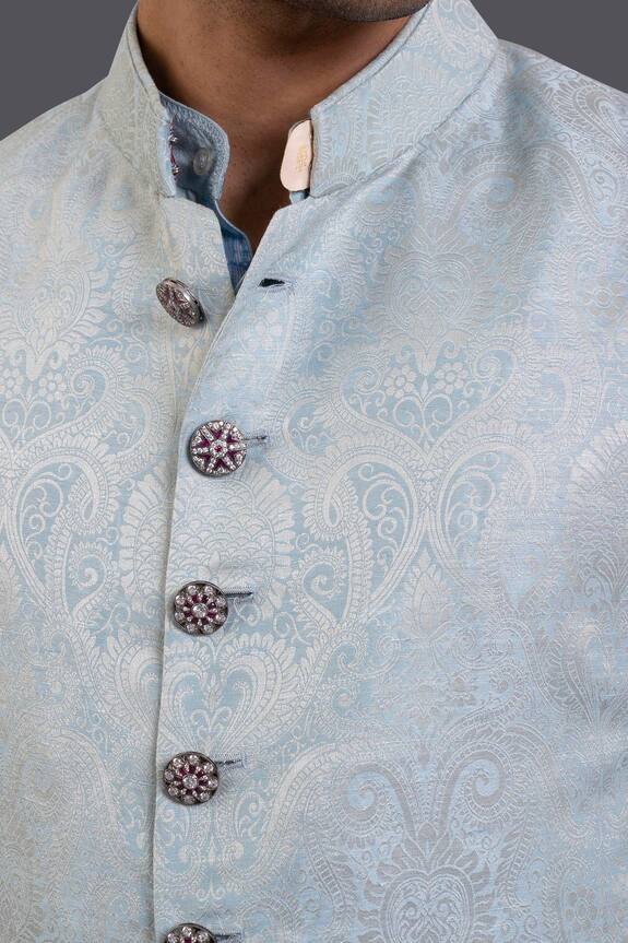 Shop_Raghavendra Rathore Jodhpur_Blue Linen Silk Long Waistcoat_Online_at_Aza_Fashions