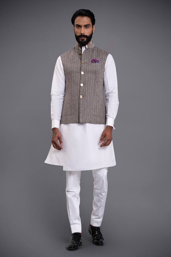 Raghavendra Rathore Jodhpur Grey Linen Silk Textured Striped Waistcoat 1