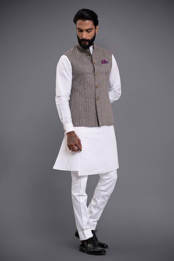 Raghavendra Rathore Jodhpur Grey Linen Silk Textured Striped Waistcoat 3