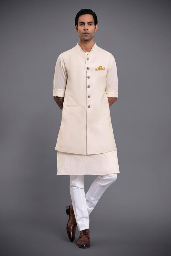 Raghavendra Rathore Jodhpur Beige Linen Silk Long Waistcoat 1