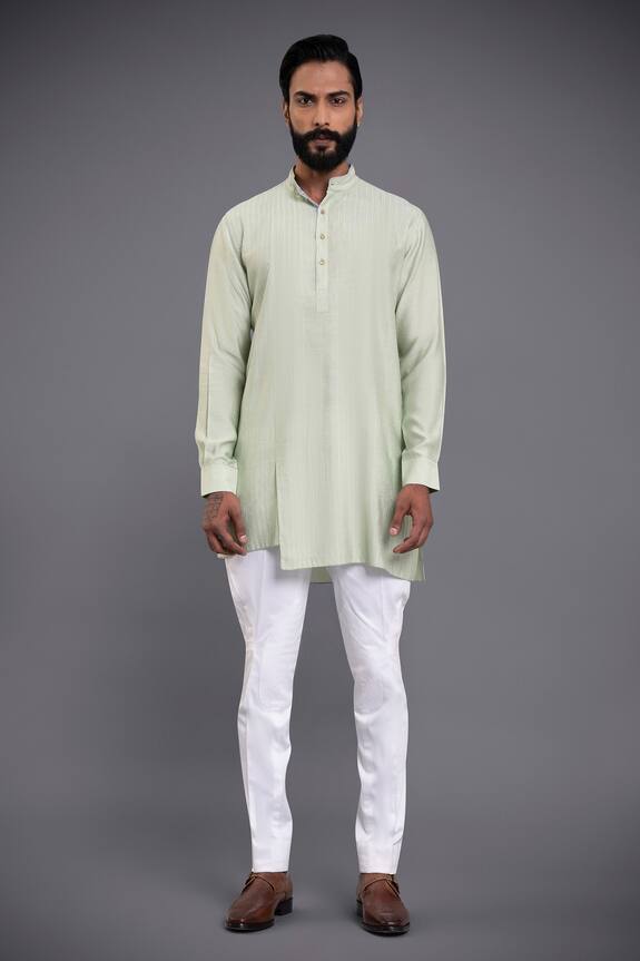 Buy_Raghavendra Rathore Jodhpur_Green Silk Mandarin Collar Flap Kurta_at_Aza_Fashions