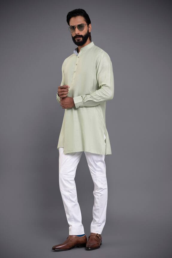Buy_Raghavendra Rathore Jodhpur_Green Silk Mandarin Collar Flap Kurta_Online_at_Aza_Fashions